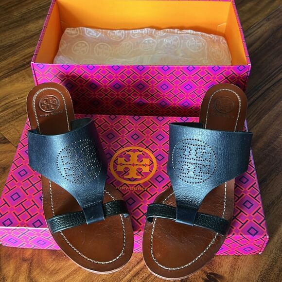 Tory Burch Shoes - Tory Burch Navy/Black Perforated Logo Wedge Size 8.5